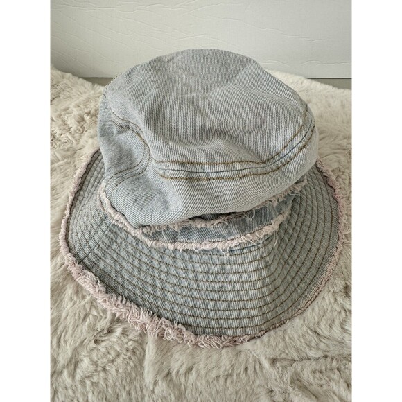 David and Young Bucket Hat  Denim One Size Cotton Denim Blue Pink Raw Hem - Picture 1 of 4